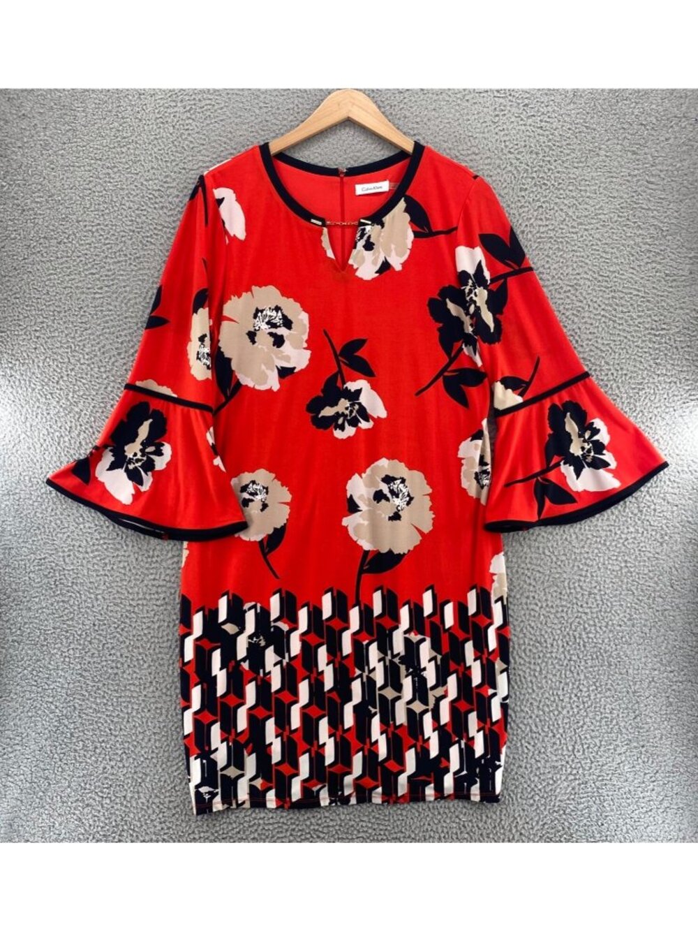 Calvin Klein Dress Womens 14 Orange Floral Shift Bell Sleeves Above Knee Stretch